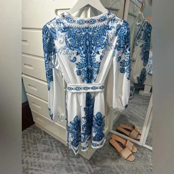 Coastal Paisley Print Floral Long Sleeve Pearl Button Summer Belted Dress✨ - Picture 7 of 7